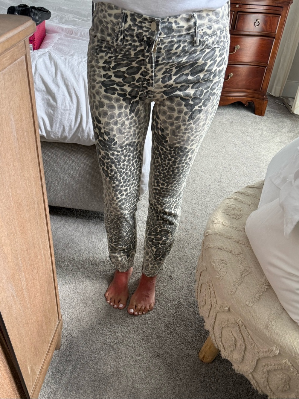 MOTHER Straight Leg Leopard-Print Jeans in Gray and Cream